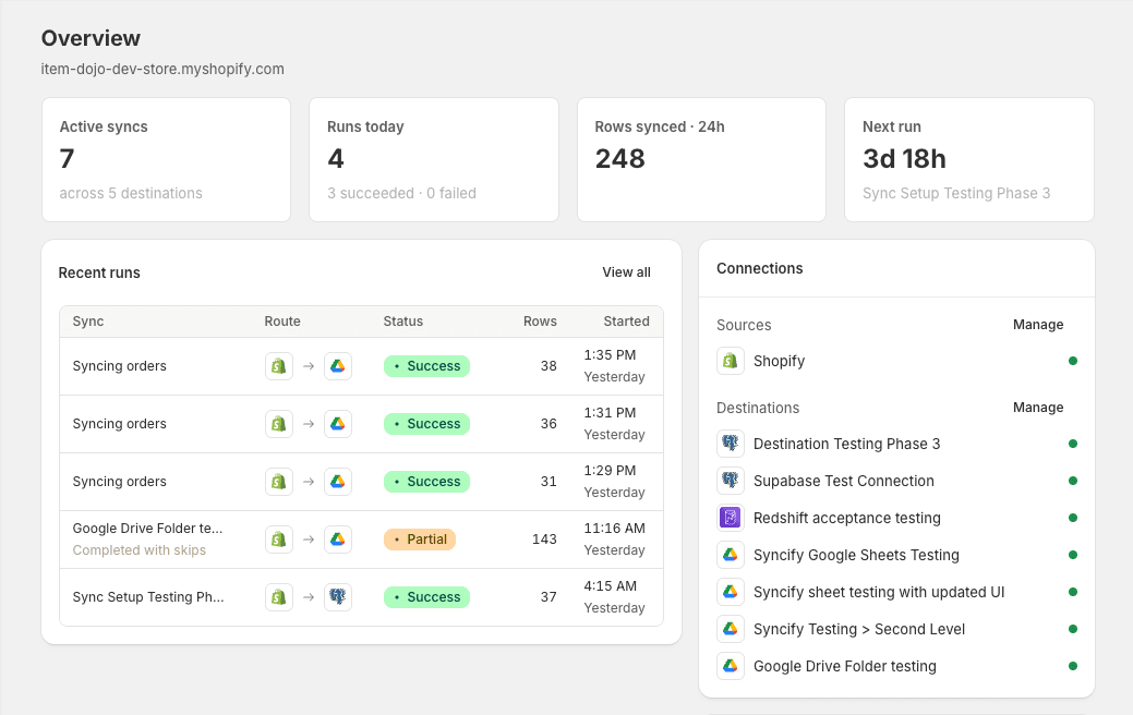 Syncify overview dashboard showing active syncs, recent runs and connected destinations